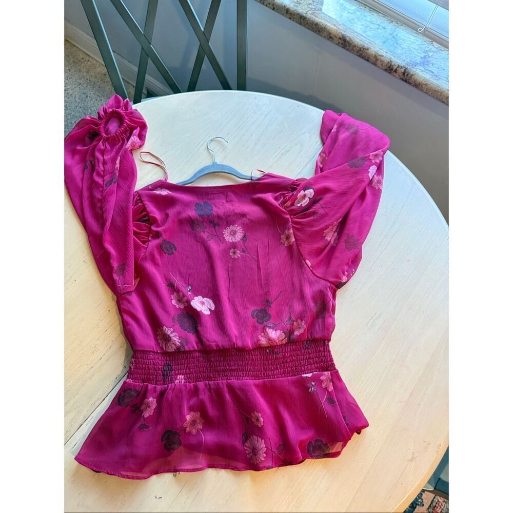 1.STATE Pink Floral Chiffon Peplum Blouse Smocked Waist V-Neck Size M - Picture 12 of 12